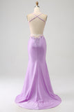 Trendy Mermaid Spaghetti Straps Lilac Long Formal Dress with Appliques Beading