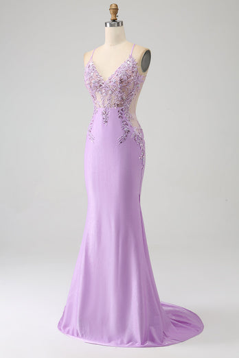 Trendy Mermaid Spaghetti Straps Lilac Long Formal Dress with Appliques Beading