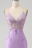 Trendy Mermaid Spaghetti Straps Lilac Long Formal Dress with Appliques Beading