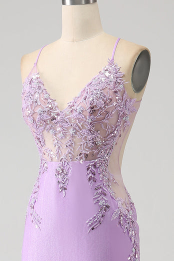Trendy Mermaid Spaghetti Straps Lilac Long Formal Dress with Appliques Beading