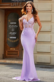 Lilac Mermaid V Neck Open Back Beaded Formal Dresses with Appliques