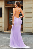 Lilac Mermaid V Neck Open Back Beaded Formal Dresses with Appliques