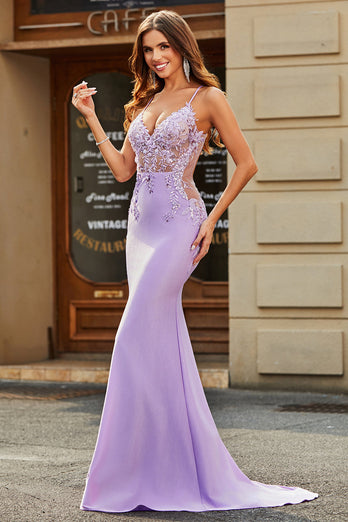 Lilac Mermaid V Neck Open Back Beaded Formal Dresses with Appliques