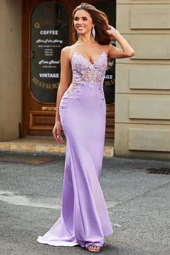 Lilac Mermaid V Neck Open Back Beaded Formal Dresses with Appliques