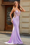 Lilac Mermaid V Neck Open Back Beaded Formal Dresses with Appliques