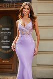 Lilac Mermaid V Neck Open Back Beaded Formal Dresses with Appliques