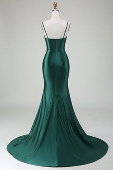 Dark Green Mermaid Spaghetti Straps Sweep Train Formal Dress