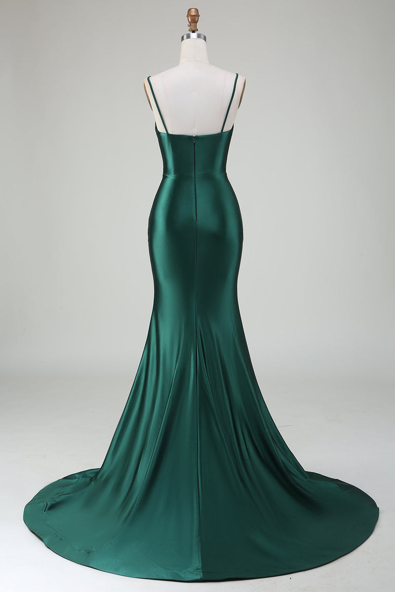 Load image into Gallery viewer, Dark Green Mermaid Spaghetti Straps Sweep Train Formal Dress