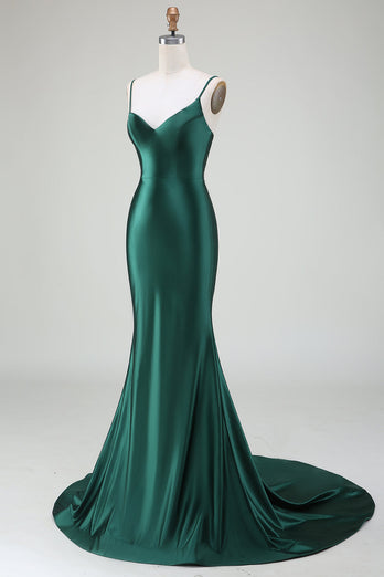 Dark Green Mermaid Spaghetti Straps Sweep Train Formal Dress