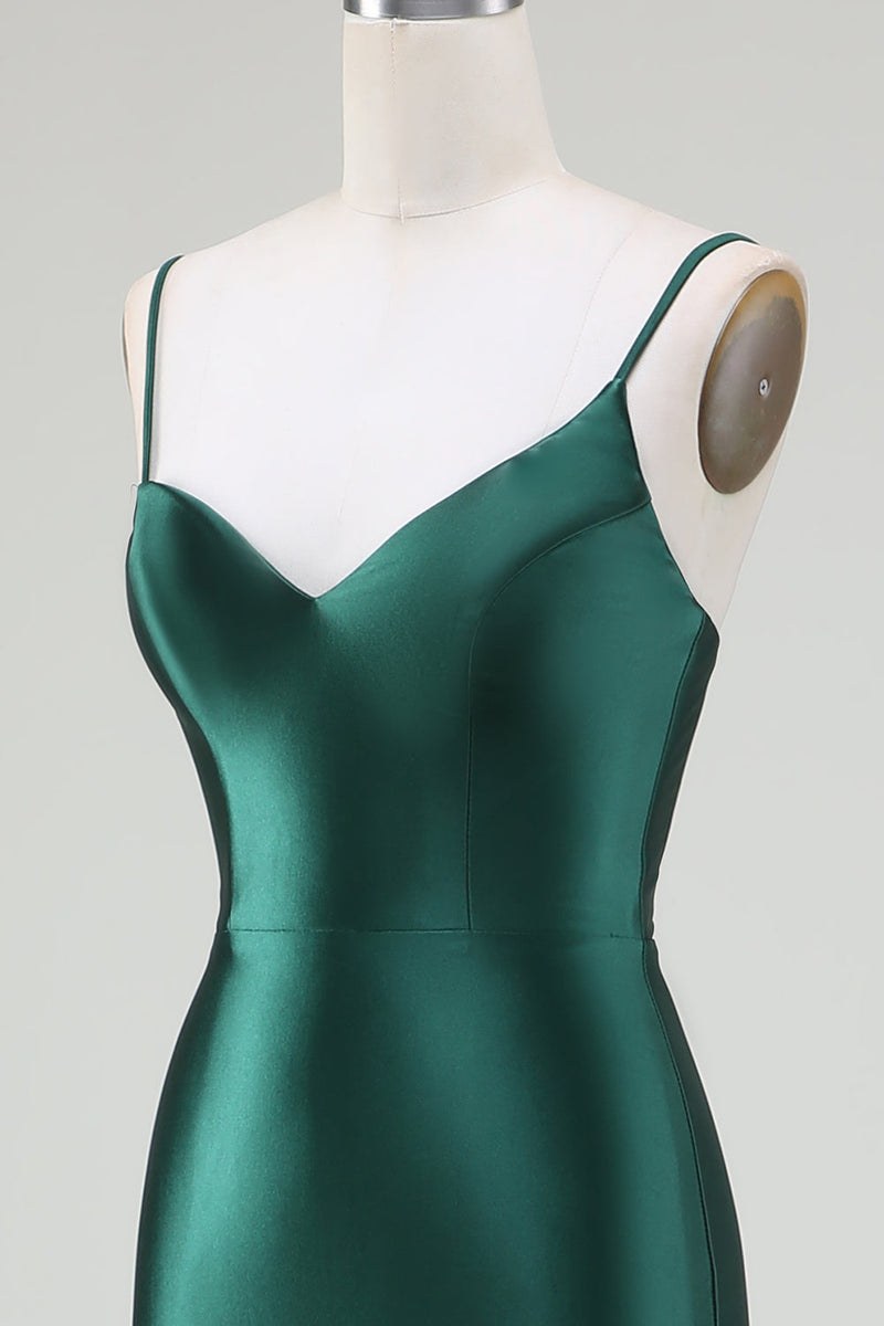 Load image into Gallery viewer, Dark Green Mermaid Spaghetti Straps Sweep Train Formal Dress