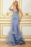 Mermaid Spaghetti Strap Beaded Backless Grey Blue Formal Dress With Appliques