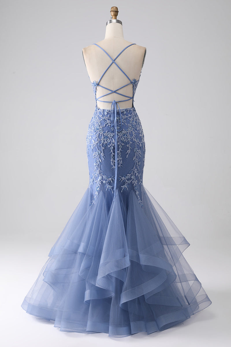 Load image into Gallery viewer, Grey Blue Mermaid Spaghetti Strap Beaded Backless Formal Dress With Appliques