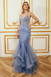 Mermaid Spaghetti Strap Beaded Backless Grey Blue Formal Dress With Appliques