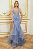 Load image into Gallery viewer, Mermaid Spaghetti Strap Beaded Backless Grey Blue Formal Dress With Appliques