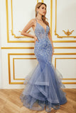 Mermaid Spaghetti Strap Beaded Backless Grey Blue Formal Dress With Appliques