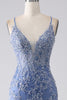 Load image into Gallery viewer, Grey Blue Mermaid Spaghetti Strap Beaded Backless Formal Dress With Appliques