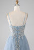 Load image into Gallery viewer, Grey Blue A-Line Spaghetti Straps Sparkly Sequin Long Formal Dress