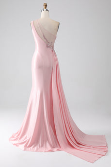 Pink Mermaid One Shoulder Sequins Appliques Ruched Formal Dress With Slit