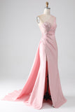 Pink Mermaid One Shoulder Sequins Appliques Ruched Formal Dress With Slit