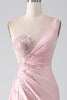 Load image into Gallery viewer, Pink Mermaid One Shoulder Sequins Appliques Ruched Formal Dress With Slit