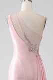 Pink Mermaid One Shoulder Sequins Appliques Ruched Formal Dress With Slit