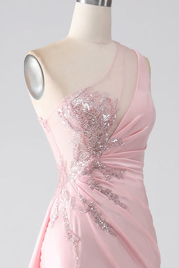Pink Mermaid One Shoulder Sequins Appliques Ruched Formal Dress With Slit