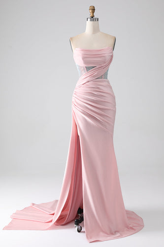 Pink Mermaid Strapless Beaded Pleated Long Formal Dress With High Slit