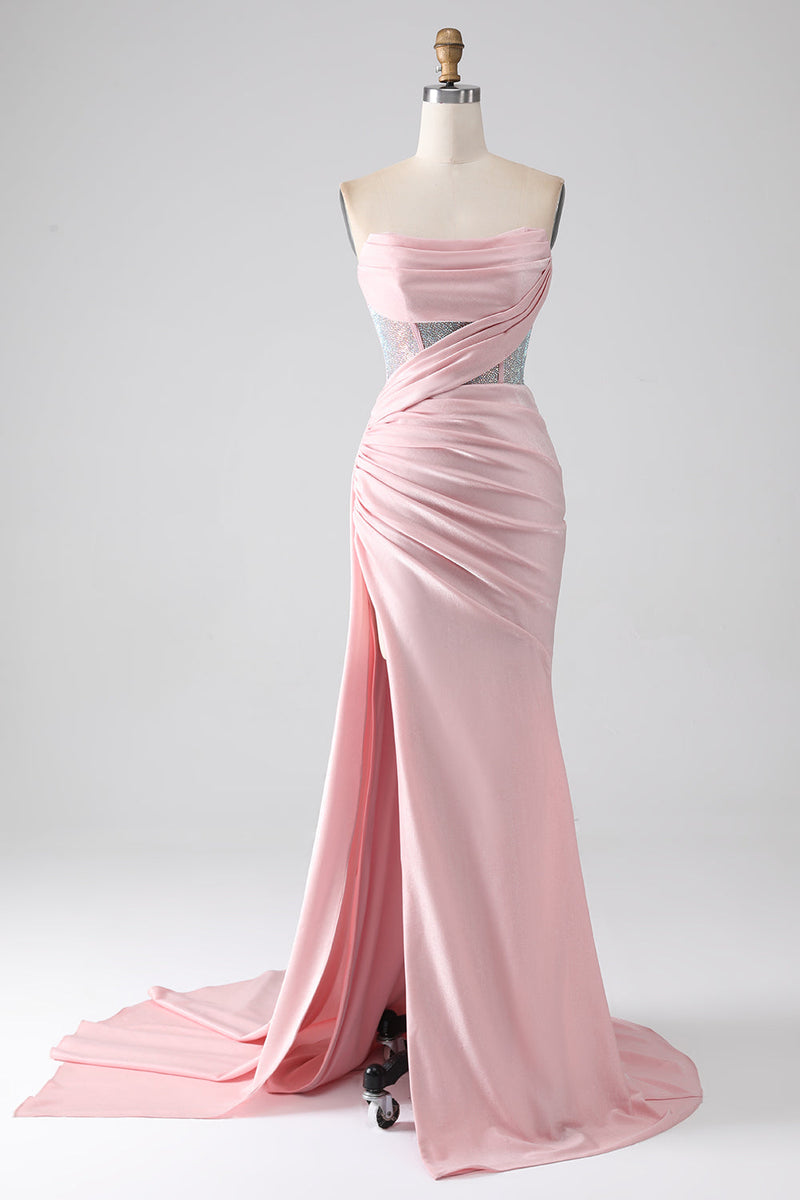 Load image into Gallery viewer, Pink Mermaid Strapless Beaded Pleated Long Formal Dress With High Slit