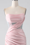 Pink Mermaid Strapless Beaded Pleated Long Formal Dress With High Slit