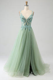 Gorgeous A Line V Neck Light Green Long Formal Dress with Appliques