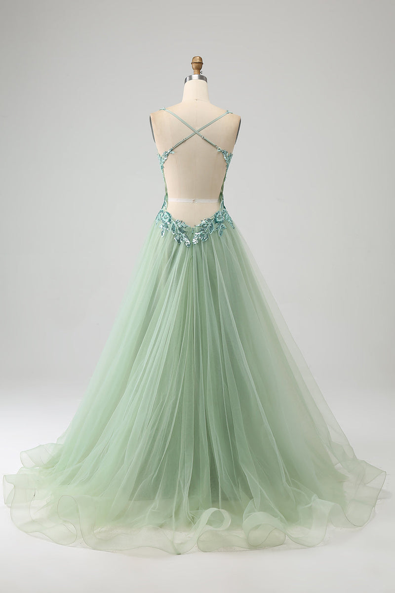 Load image into Gallery viewer, Gorgeous A Line V Neck Light Green Long Formal Dress with Appliques