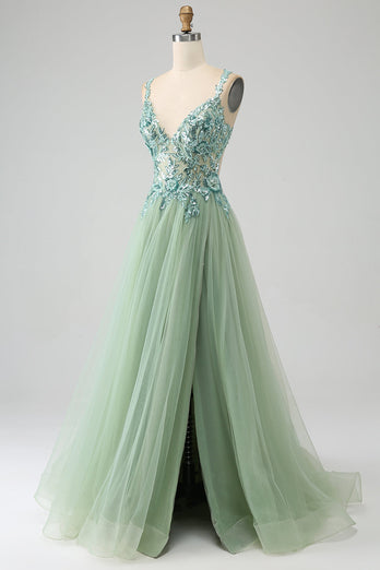 Gorgeous A Line V Neck Light Green Long Formal Dress with Appliques
