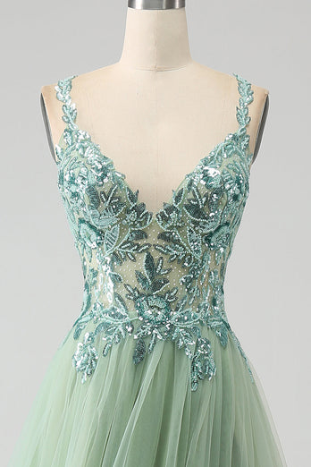 Gorgeous A Line V Neck Light Green Long Formal Dress with Appliques