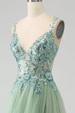 Gorgeous A Line V Neck Light Green Long Formal Dress with Appliques