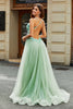 Load image into Gallery viewer, A-Line V Neck Split Tulle Light Green Formal Dress with Appliqued Beading
