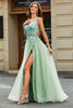 Load image into Gallery viewer, A-Line V Neck Split Tulle Light Green Formal Dress with Appliqued Beading