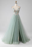 A-Line Beaded Light Green Formal Dress with Slit