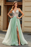 A-Line V Neck Floor-Length Beaded Tulle Light Green Formal Dress with Slit