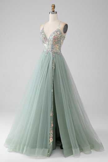 A-Line Beaded Light Green Formal Dress with Slit