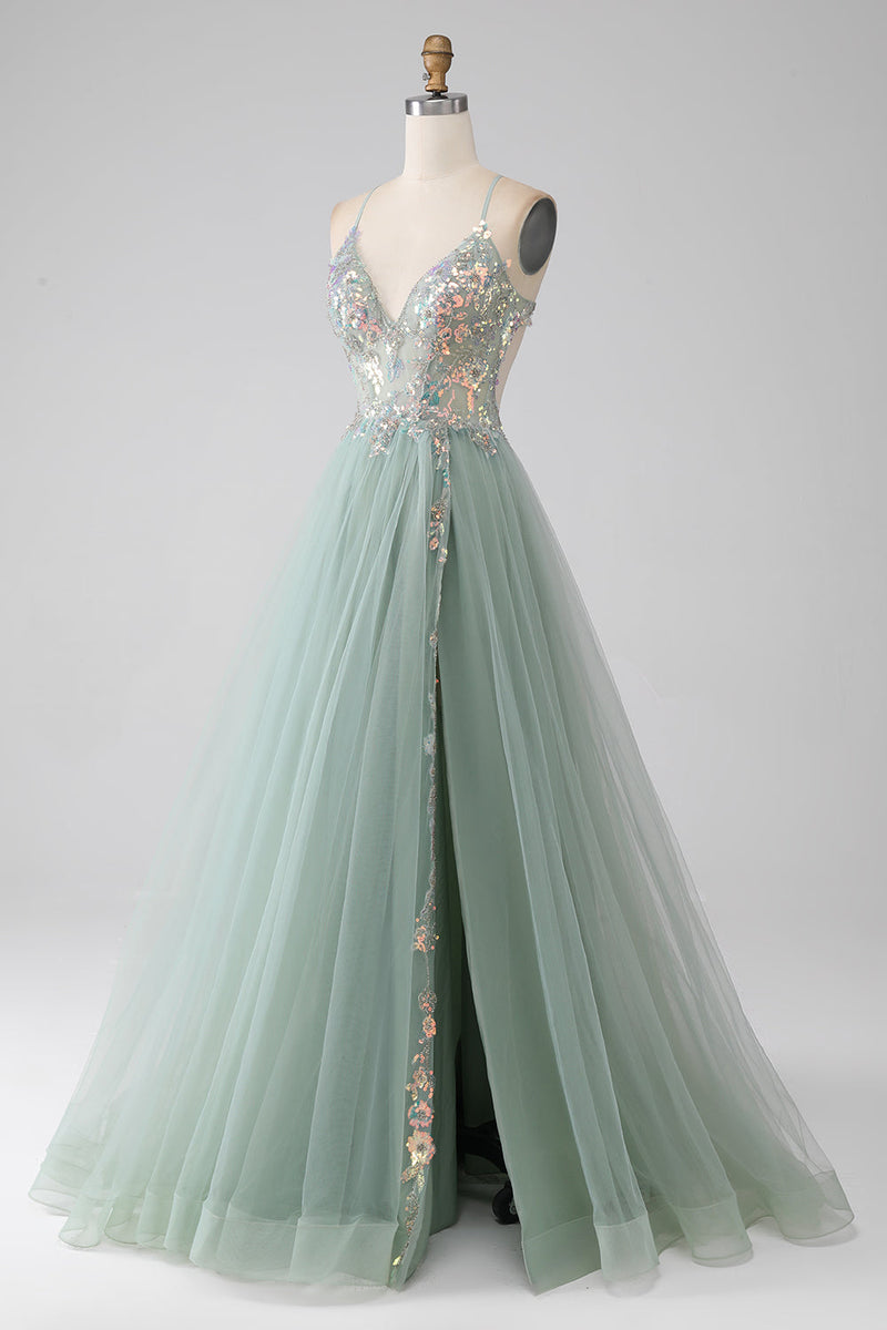 Load image into Gallery viewer, A-Line Beaded Light Green Formal Dress with Slit