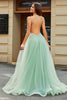 Load image into Gallery viewer, A-Line V Neck Floor-Length Beaded Tulle Light Green Formal Dress with Slit