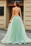 A-Line V Neck Floor-Length Beaded Tulle Light Green Formal Dress with Slit