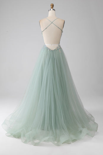 A-Line Beaded Light Green Formal Dress with Slit