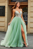 A-Line V Neck Floor-Length Beaded Tulle Light Green Formal Dress with Slit