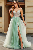 A-Line V Neck Floor-Length Beaded Tulle Light Green Formal Dress with Slit