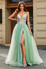Load image into Gallery viewer, A-Line V Neck Floor-Length Beaded Tulle Light Green Formal Dress with Slit
