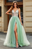 A-Line V Neck Floor-Length Beaded Tulle Light Green Formal Dress with Slit