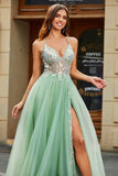 A-Line V Neck Floor-Length Beaded Tulle Light Green Formal Dress with Slit