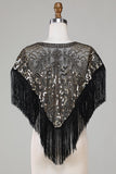 Black Sequins Glitter 1920s Cape with Fringes