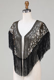 Black Sequins Glitter 1920s Cape with Fringes